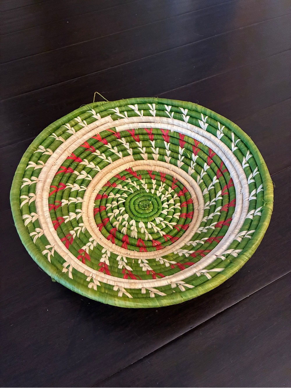 Hand Crafted East African Uganda Green, Red & Cream Woven Basket